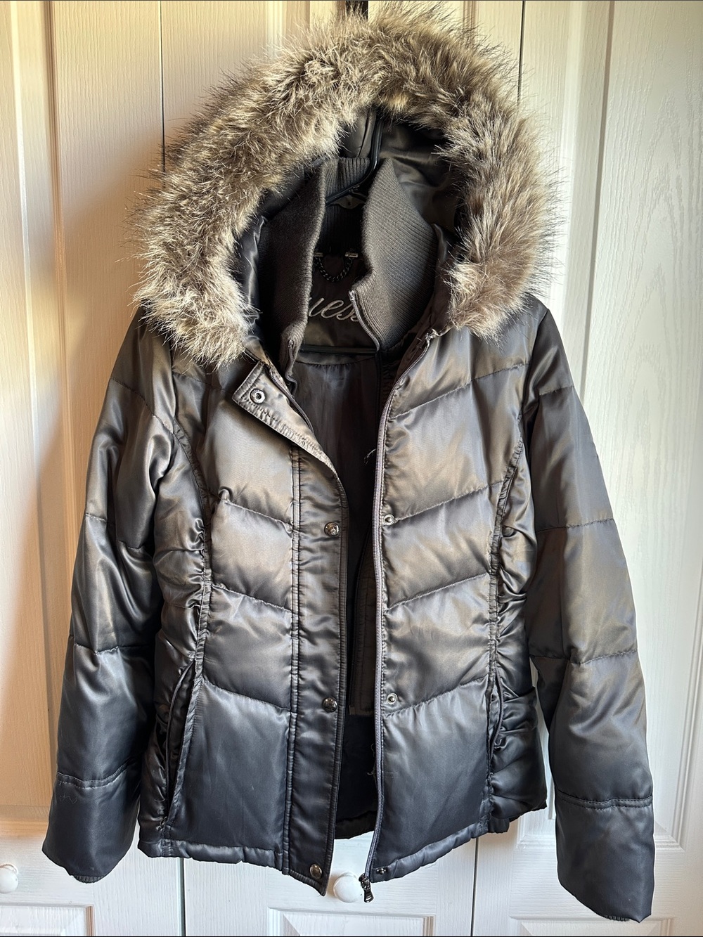 Guess Women's Metallic Grey Puffer Jacket with Faux Fur Hood